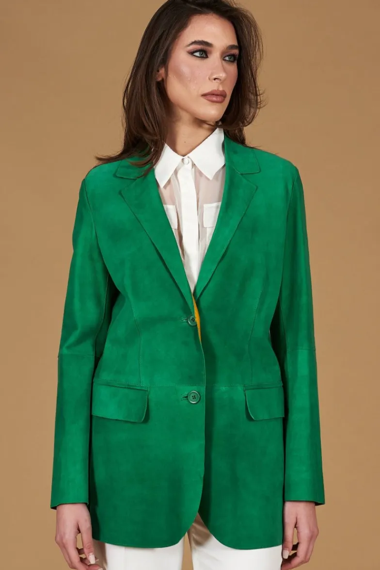 Donna D'Arienzo Olivia - Giacca blazer in pelle scamosciata colore verde