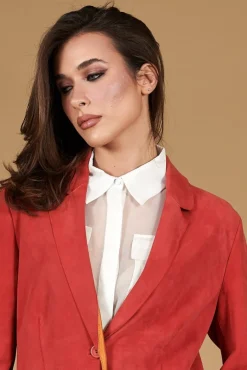 Donna D'Arienzo Olivia - Giacca blazer in pelle scamosciata colore corallo