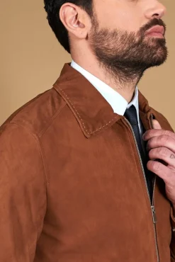 Uomo D'Arienzo Owen - Giacca in camoscio color cuoio con colletto camicia impunturato a mano