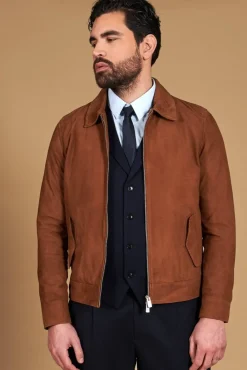 Uomo D'Arienzo Owen - Giacca in camoscio color cuoio con colletto camicia impunturato a mano
