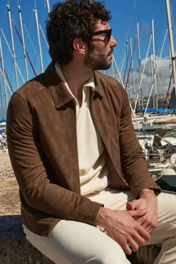 Uomo D'Arienzo Owen - Giacca in camoscio color fango con colletto camicia impunturato a mano