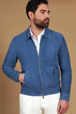 Uomo D'Arienzo Owen - Giacca in camoscio denim blu con colletto camicia impunturato a mano