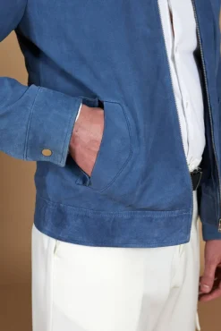 Uomo D'Arienzo Owen - Giacca in camoscio denim blu con colletto camicia impunturato a mano