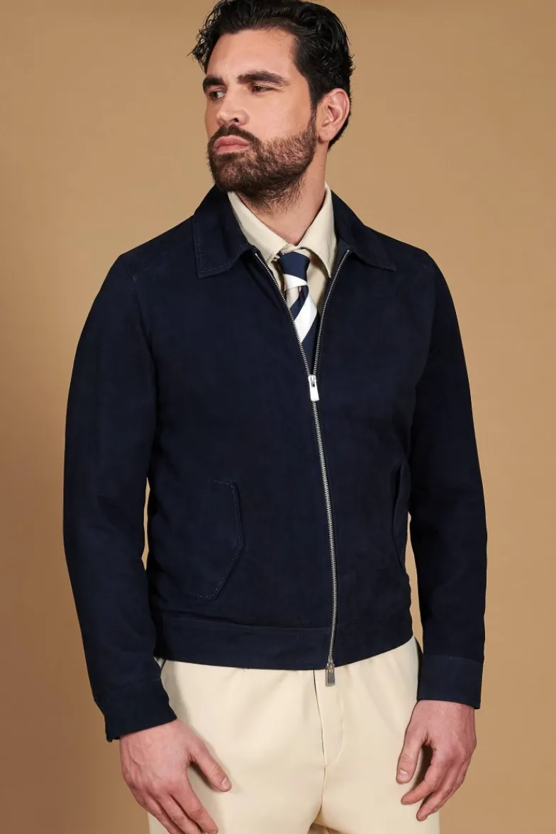 Uomo D'Arienzo Owen - Giacca in camoscio blu impunturata colletto camicia