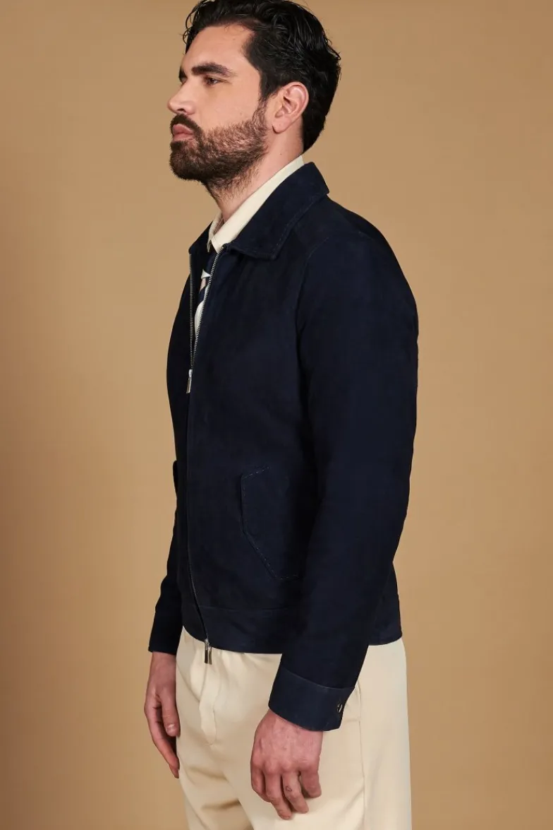 Uomo D'Arienzo Owen - Giacca in camoscio blu impunturata colletto camicia