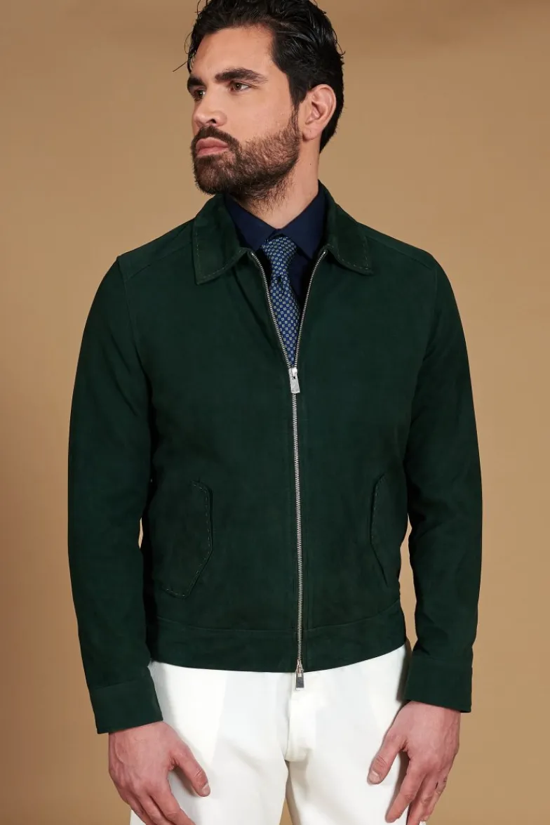 Uomo D'Arienzo Owen - Giacca in camoscio color verde impunturata colletto camicia