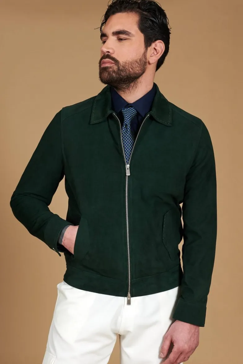 Uomo D'Arienzo Owen - Giacca in camoscio color verde impunturata colletto camicia