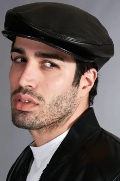 Uomo D'Arienzo Palermo - Coppola in pelle nera uomo visiera con bottone a pressione