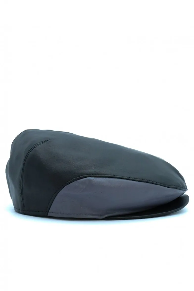 Uomo D'Arienzo Palermo - Coppola in pelle nero grigio uomo visiera bottone a pressione