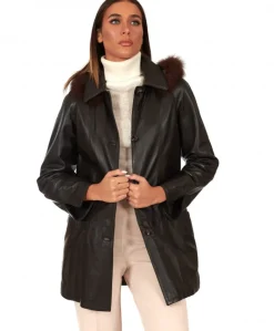 Donna D'Arienzo Pamela - Cappotto in pelle testa di moro con cappuccio pelliccia a tono