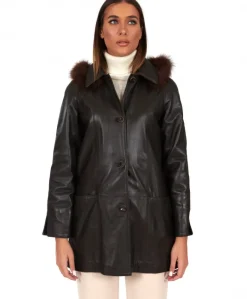 Donna D'Arienzo Pamela - Cappotto in pelle testa di moro con cappuccio pelliccia a tono