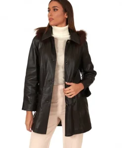 Donna D'Arienzo Pamela - Cappotto in pelle testa di moro con cappuccio pelliccia a tono