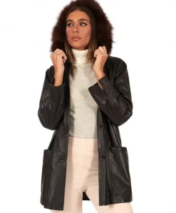 Donna D'Arienzo Pamela - Cappotto in pelle testa di moro con cappuccio pelliccia a tono
