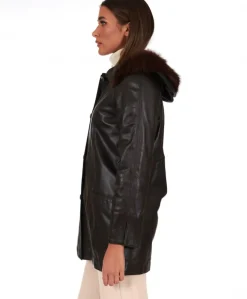 Donna D'Arienzo Pamela - Cappotto in pelle testa di moro con cappuccio pelliccia a tono
