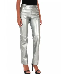 Donna D'Arienzo Penelope - Pantalone in pelle laminata colore argento