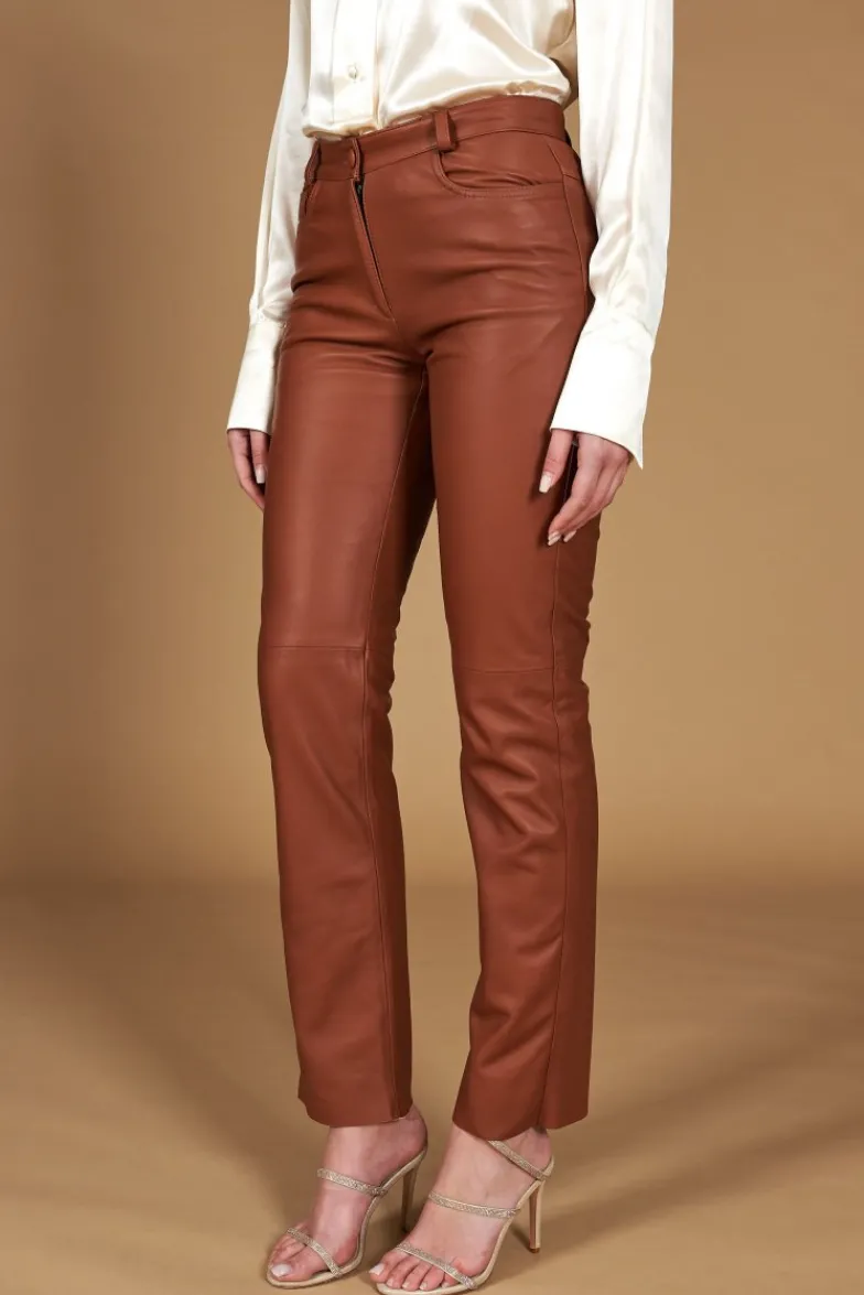 Donna D'Arienzo Penelope - Pantalone in pelle color cuoio nappa effetto liscio