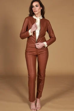 Donna D'Arienzo Penelope - Pantalone in pelle color cuoio nappa effetto liscio