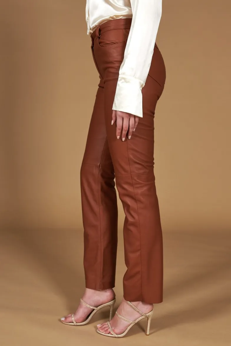 Donna D'Arienzo Penelope - Pantalone in pelle color cuoio nappa effetto liscio