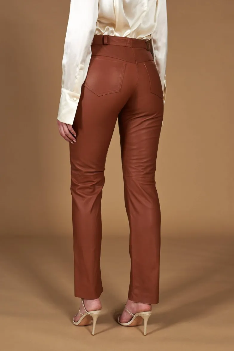 Donna D'Arienzo Penelope - Pantalone in pelle color cuoio nappa effetto liscio