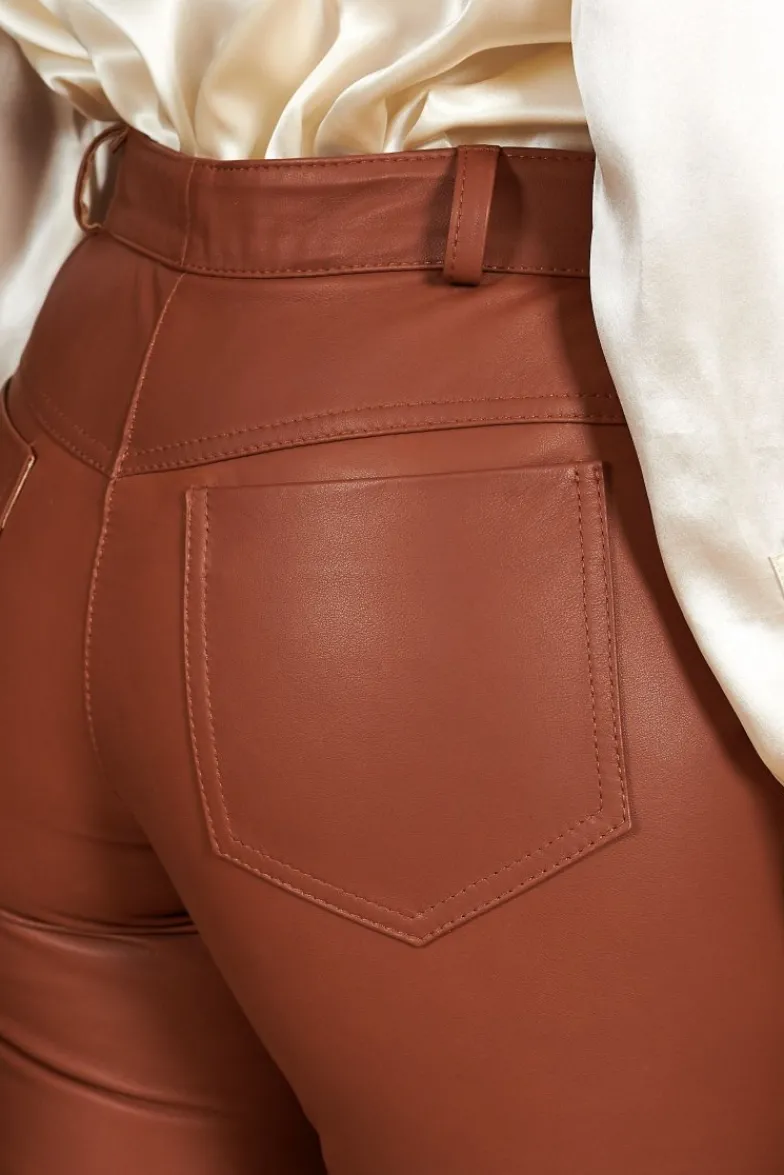 Donna D'Arienzo Penelope - Pantalone in pelle color cuoio nappa effetto liscio