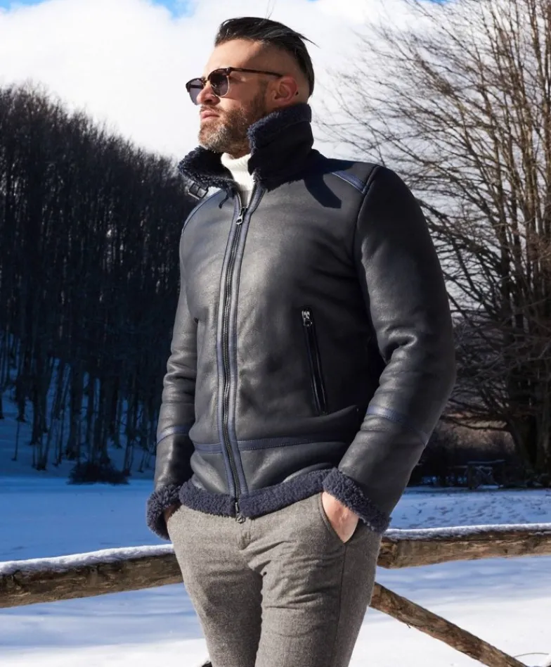 Uomo D'Arienzo Peter - Montone blu Shearling biker uomo collo camicia con fibbia