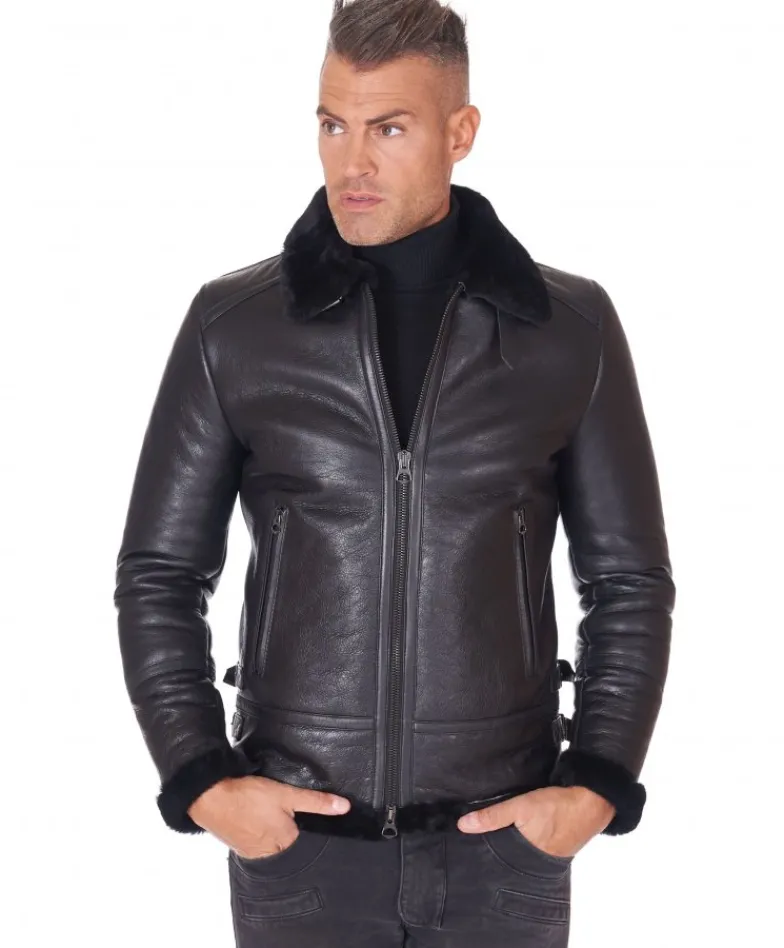 Uomo D'Arienzo Peter - Montone Shearling nero biker uomo collo camicia con fibbia