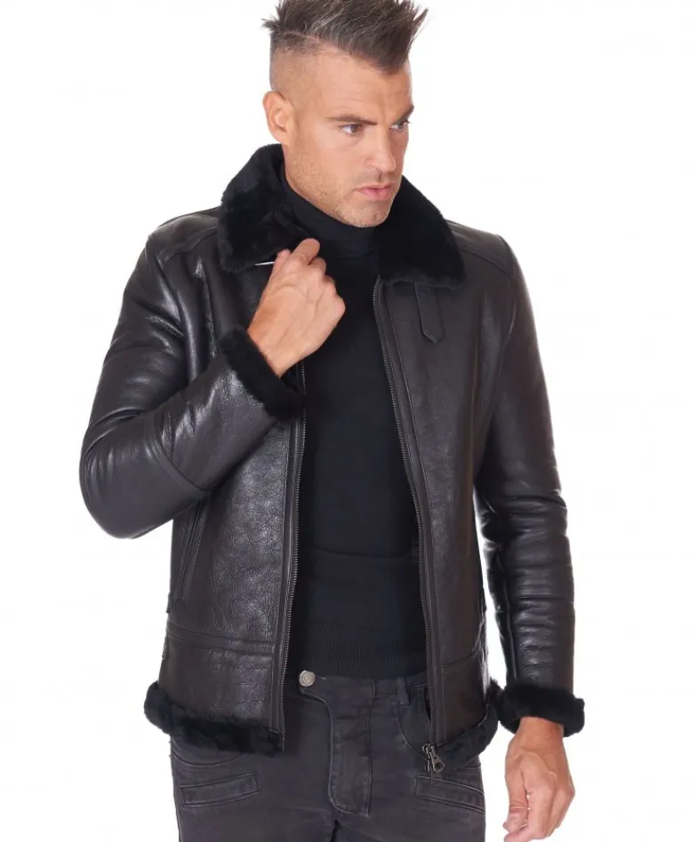 Uomo D'Arienzo Peter - Montone Shearling nero biker uomo collo camicia con fibbia