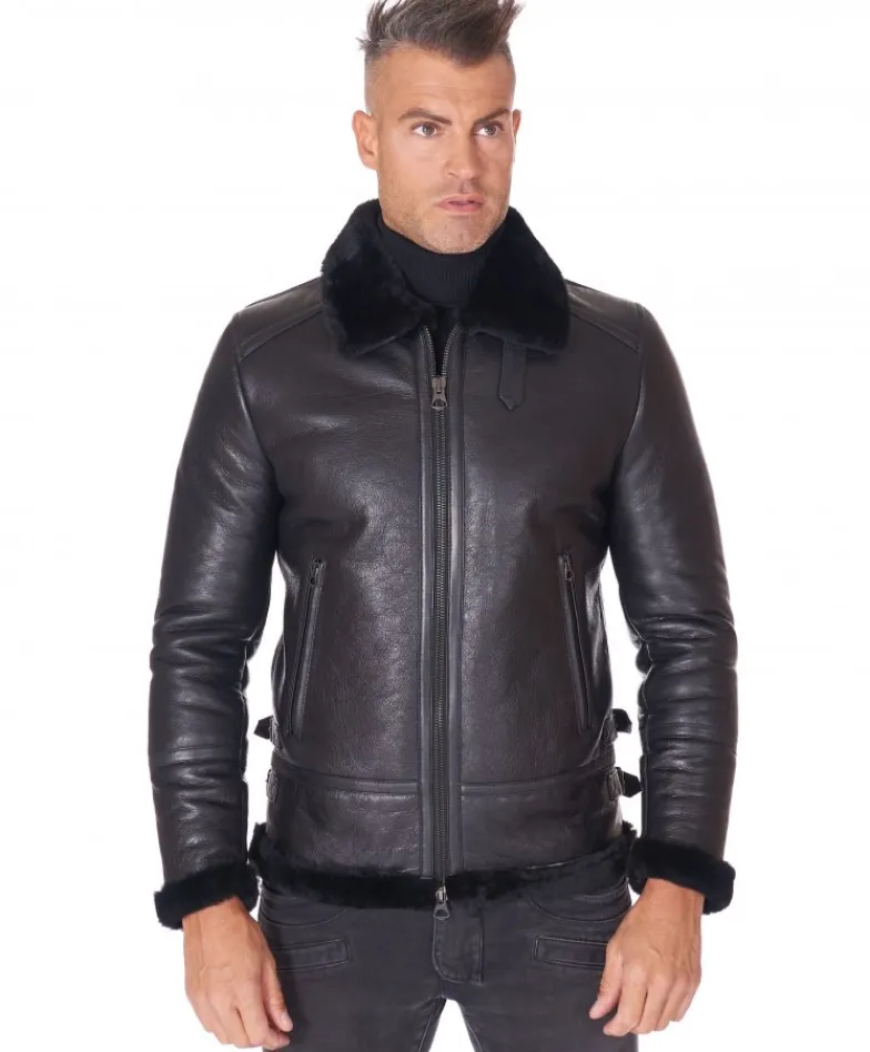 Uomo D'Arienzo Peter - Montone Shearling nero biker uomo collo camicia con fibbia