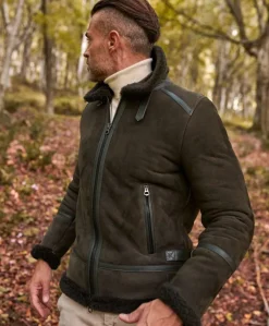 Uomo D'Arienzo Peter - Montone Shearling scamosciato verde uomo collo camicia con fibbia