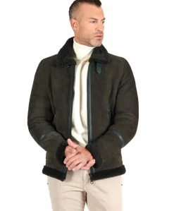 Uomo D'Arienzo Peter - Montone Shearling scamosciato verde uomo collo camicia con fibbia