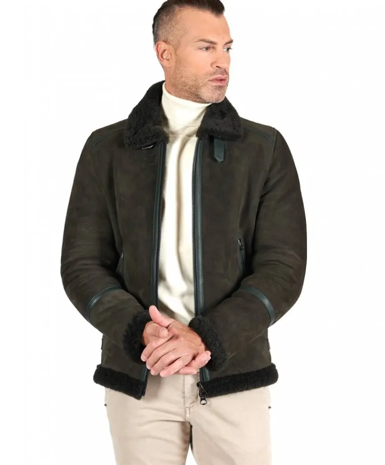 Uomo D'Arienzo Peter - Montone Shearling scamosciato verde uomo collo camicia con fibbia