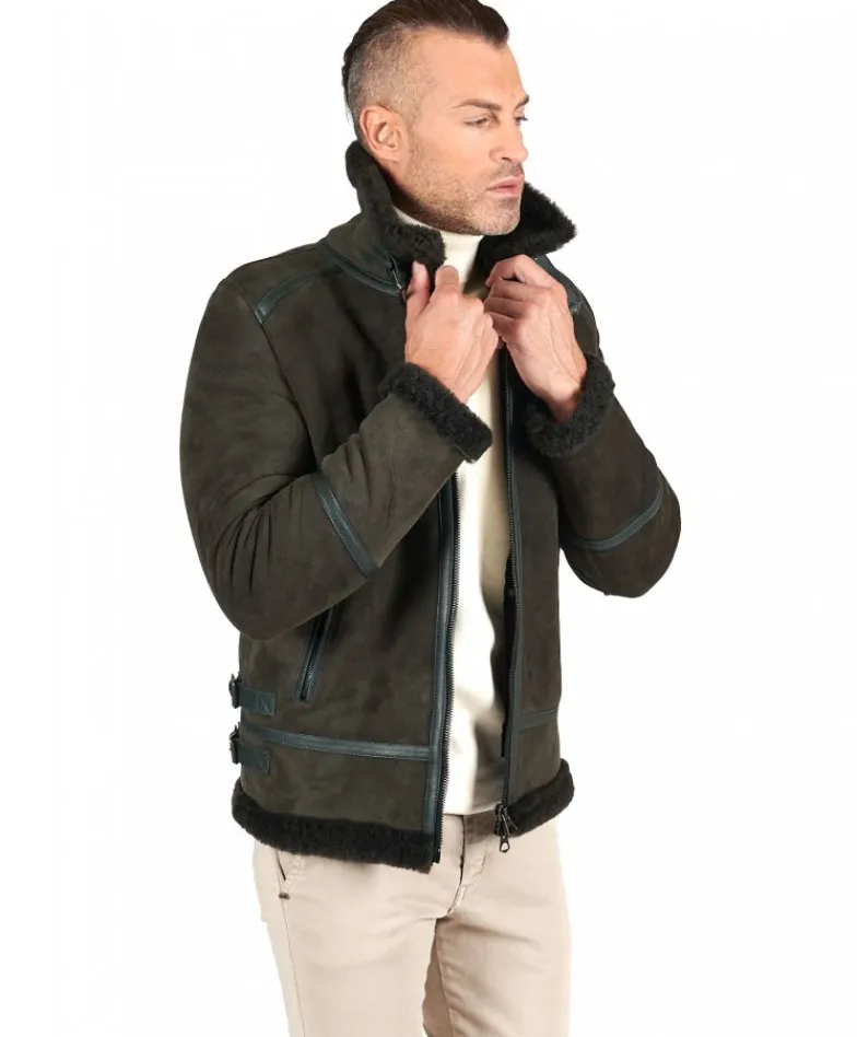 Uomo D'Arienzo Peter - Montone Shearling scamosciato verde uomo collo camicia con fibbia