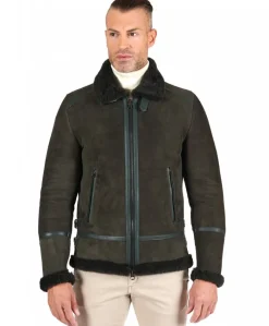 Uomo D'Arienzo Peter - Montone Shearling scamosciato verde uomo collo camicia con fibbia