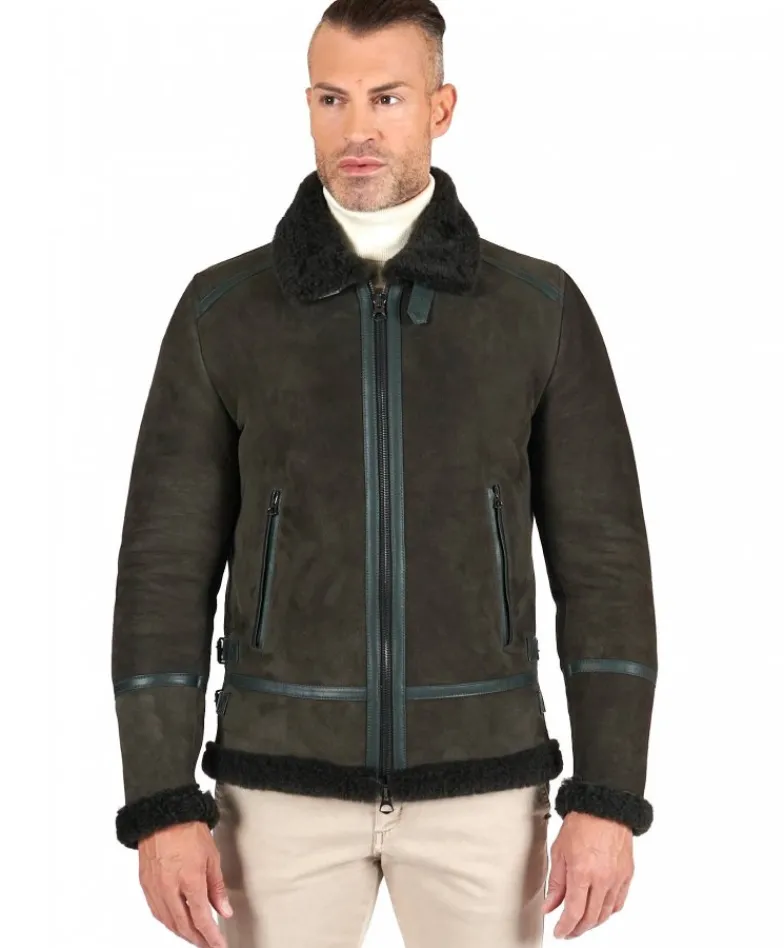 Uomo D'Arienzo Peter - Montone Shearling scamosciato verde uomo collo camicia con fibbia