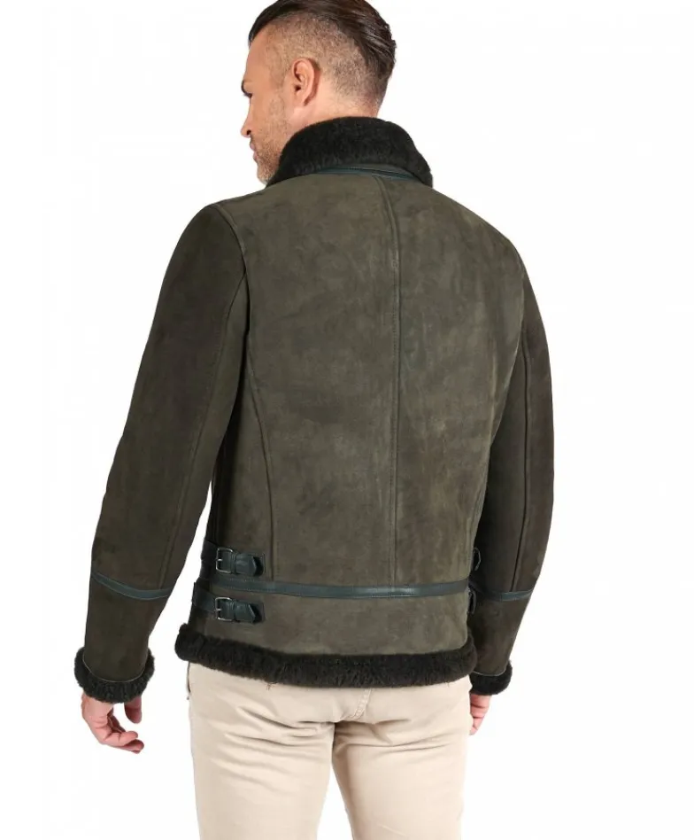 Uomo D'Arienzo Peter - Montone Shearling scamosciato verde uomo collo camicia con fibbia