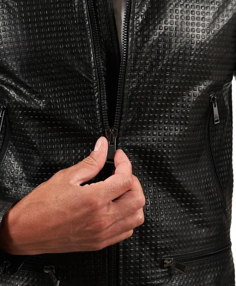 Uomo D'Arienzo Philiphs - Giacca in pelle nappa nera goffrata quattro tasche zip