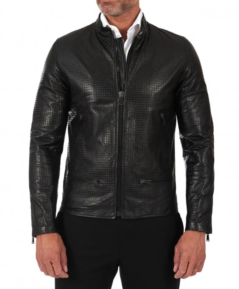 Uomo D'Arienzo Philiphs - Giacca in pelle nappa nera goffrata quattro tasche zip