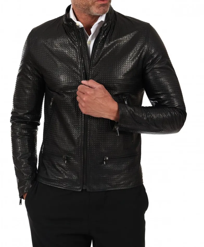 Uomo D'Arienzo Philiphs - Giacca in pelle nappa nera goffrata quattro tasche zip
