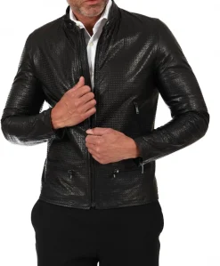 Uomo D'Arienzo Philiphs - Giacca in pelle nappa nera goffrata quattro tasche zip