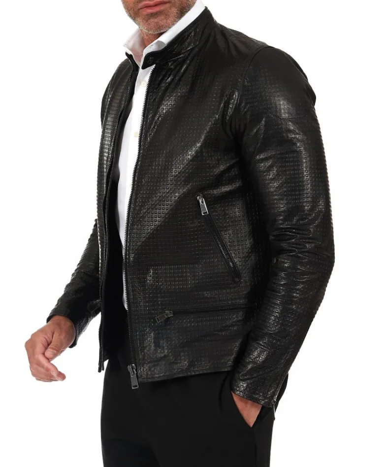 Uomo D'Arienzo Philiphs - Giacca in pelle nappa nera goffrata quattro tasche zip