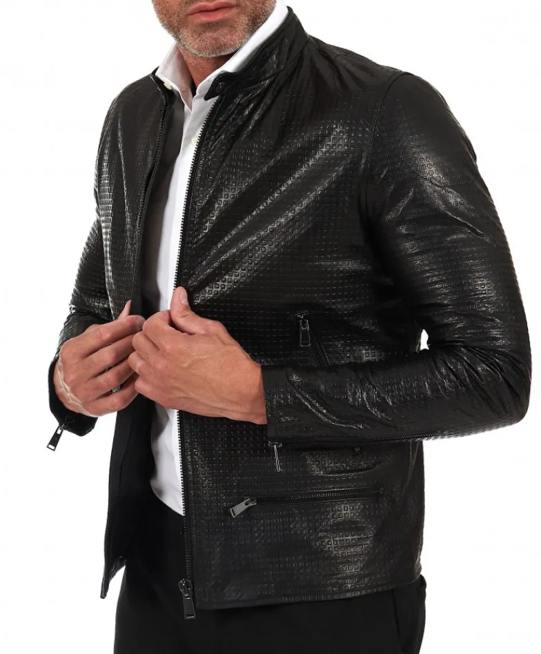 Uomo D'Arienzo Philiphs - Giacca in pelle nappa nera goffrata quattro tasche zip