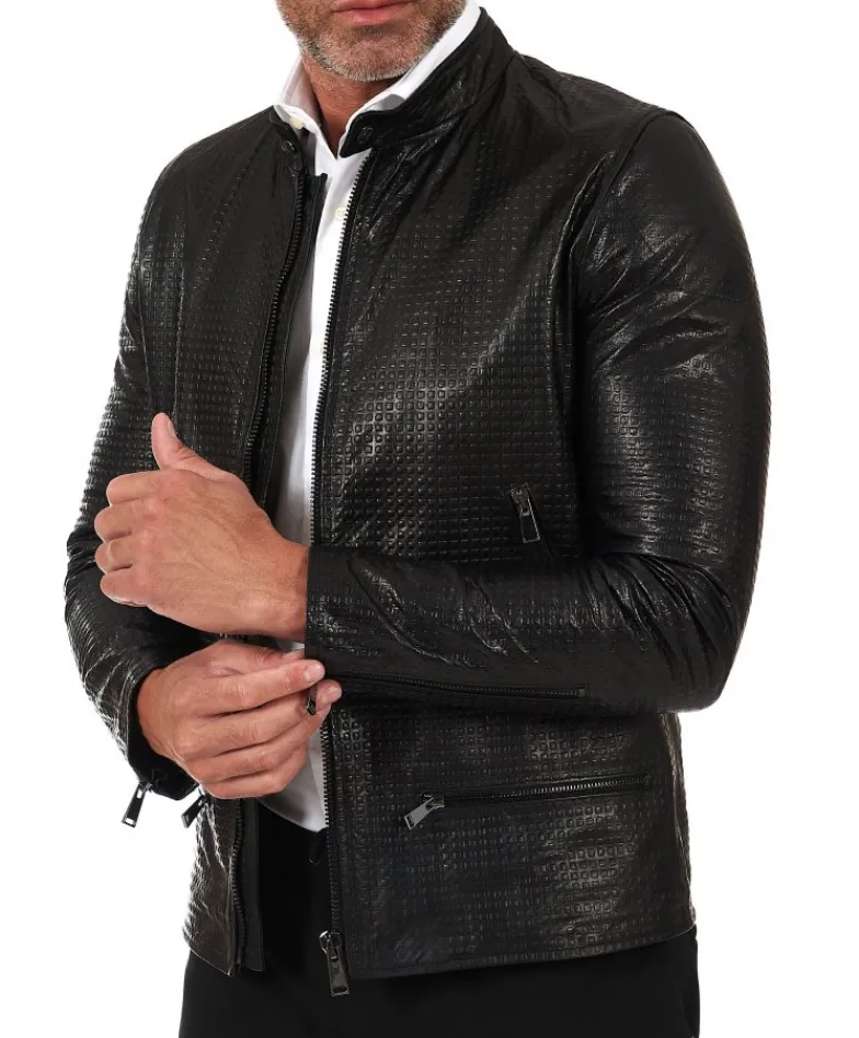 Uomo D'Arienzo Philiphs - Giacca in pelle nappa nera goffrata quattro tasche zip