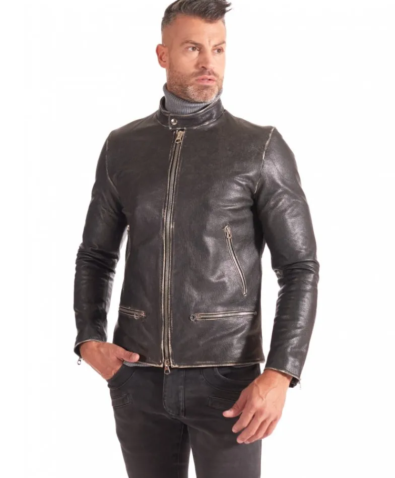 Uomo D'Arienzo Philiphs - Giacca in pelle nera vintage quattro tasche zip