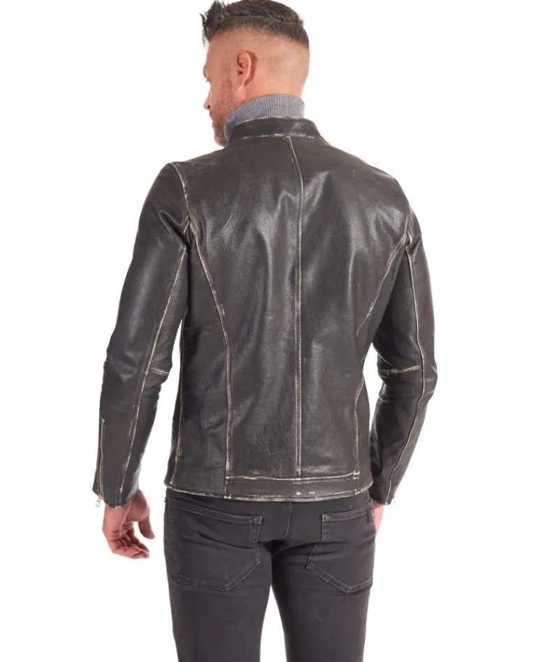 Uomo D'Arienzo Philiphs - Giacca in pelle nera vintage quattro tasche zip