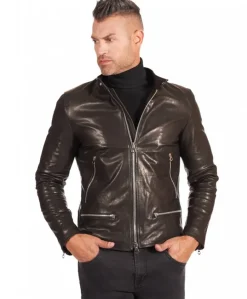 Uomo D'Arienzo Philiphs - Giacca in pelle lavata nera vintage quattro tasche zip