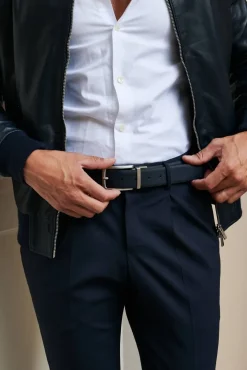 Uomo D'Arienzo Rev-Saff - Cintura uomo in pelle di vitello saffiano nero blu reversibile con fibbia girevole