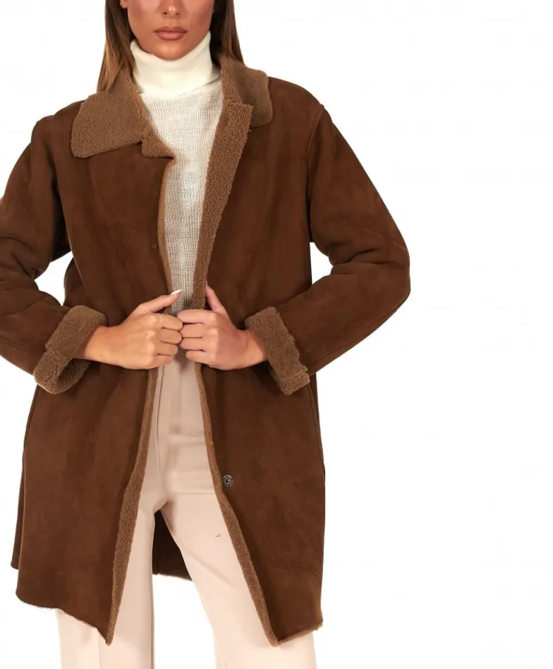 Donna D'Arienzo Rita - Cappottino in montone colore marrone colletto camicia