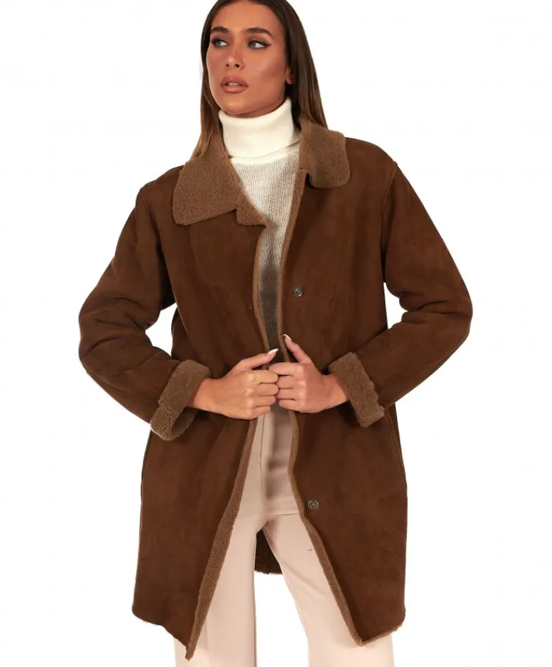 Donna D'Arienzo Rita - Cappottino in montone colore marrone colletto camicia