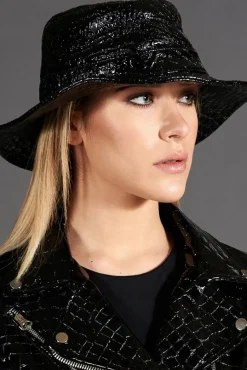 Donna D'Arienzo Riviera - Cappello da donna in pelle nera laminata stile secchiello