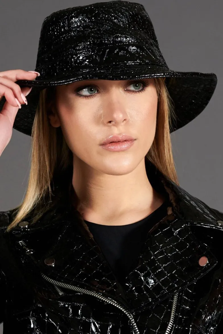 Donna D'Arienzo Riviera - Cappello da donna in pelle nera laminata stile secchiello